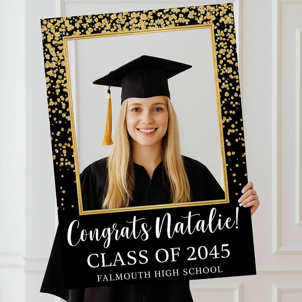 Photo of Custom Graduation Photo Frame Prop โ Foam Board Cutout for Party or Your Own Design โ 20"x30" โ Black and golden baโฆ