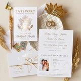 Image of Custom Passport Wedding Invitations designed for destination weddings. The invitations are printed on luxurious, eco-friendly, high-quality recycled pearlized cardstock. They feature elegant metallic foiled lettering and can be customized with any country’s crest on the cover. Each invitation includes six pages, providing ample space for all wedding details.