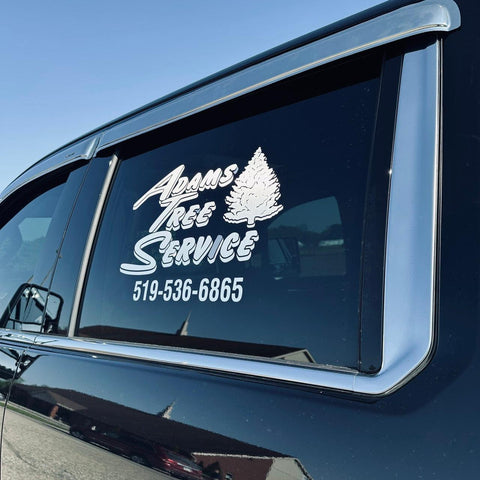 Custom Vinyl Lettering Stickers in various vibrant colors displayed on different surfaces including a car window, storefront, and boat. The decals are waterproof and suitable for outdoor use. Contact print@arrowprint.ca for pricing and installation services.