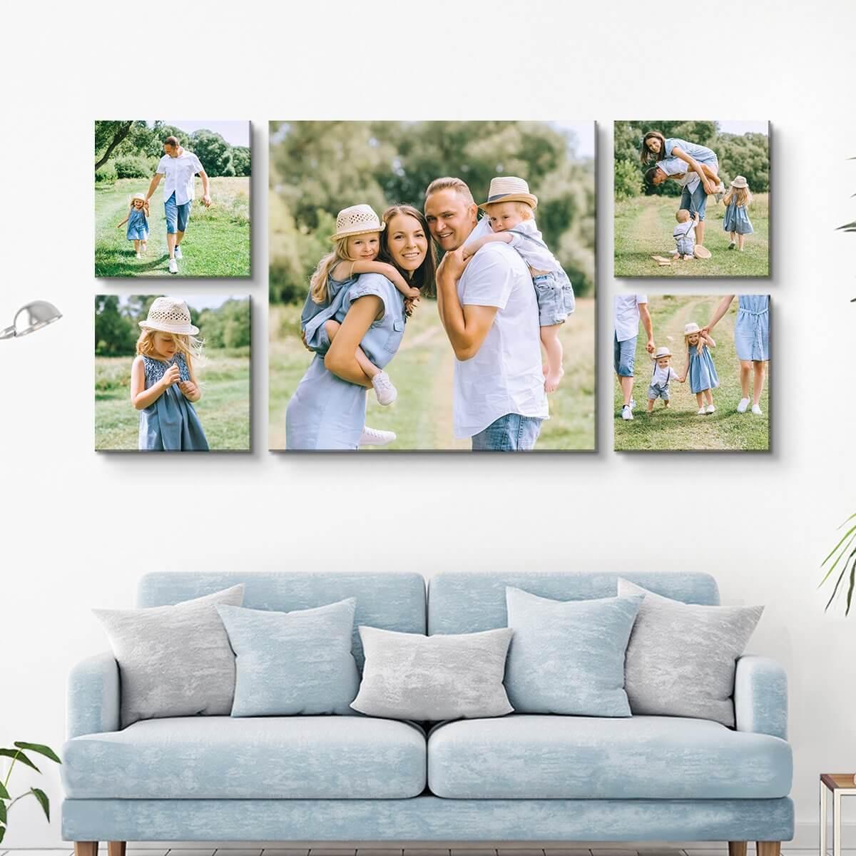 A collection of custom canvas prints from Arrow Print Canada displayed on a wall, showcasing vibrant colors and sharp details. The prints are stretched over sturdy wooden frames, adding a personal touch to the room. The image highlights the variety of standard sizes available and the option for custom dimensions.