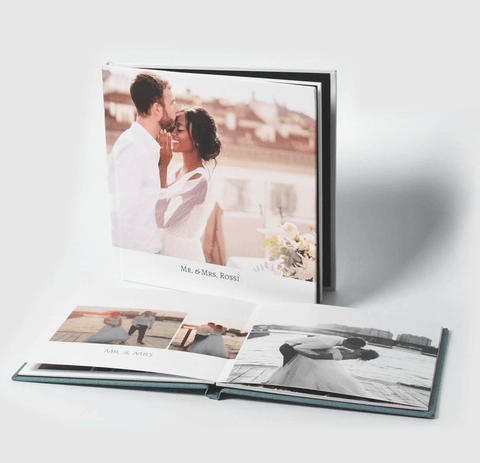 Alt Text: Custom wedding album with a premium cover and high-quality pages, designed to display 40-50 photos beautifully.