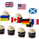 A package of 50 customizable cake toppers featuring various country flags. The toppers are made from high-grade vinyl labels with food-safe bamboo sticks, showcasing bright, fade-resistant colors. They are perfect for enhancing party cakes and expressing support at celebrations. The toppers are easy to use, requiring no assembly, and can be placed on cupcakes, cakes, ice cream, or pizza for instant decoration.