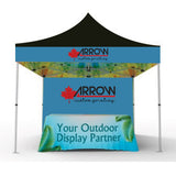 Premium 10' x 10' gazebo tent with adjustable height up to 11.5', crafted from high-quality polyester and supported by a collapsible steel frame. Includes a wheeled case for easy transport, ground stakes, and rope for secure setup. Features full-color, all-over printing for 360-degree branding, perfect for events like BBQs, festivals, and markets in Ontario. Back wall printing included for extra branding space. Durable and weather-resistant, ideal for community events and promotional use.